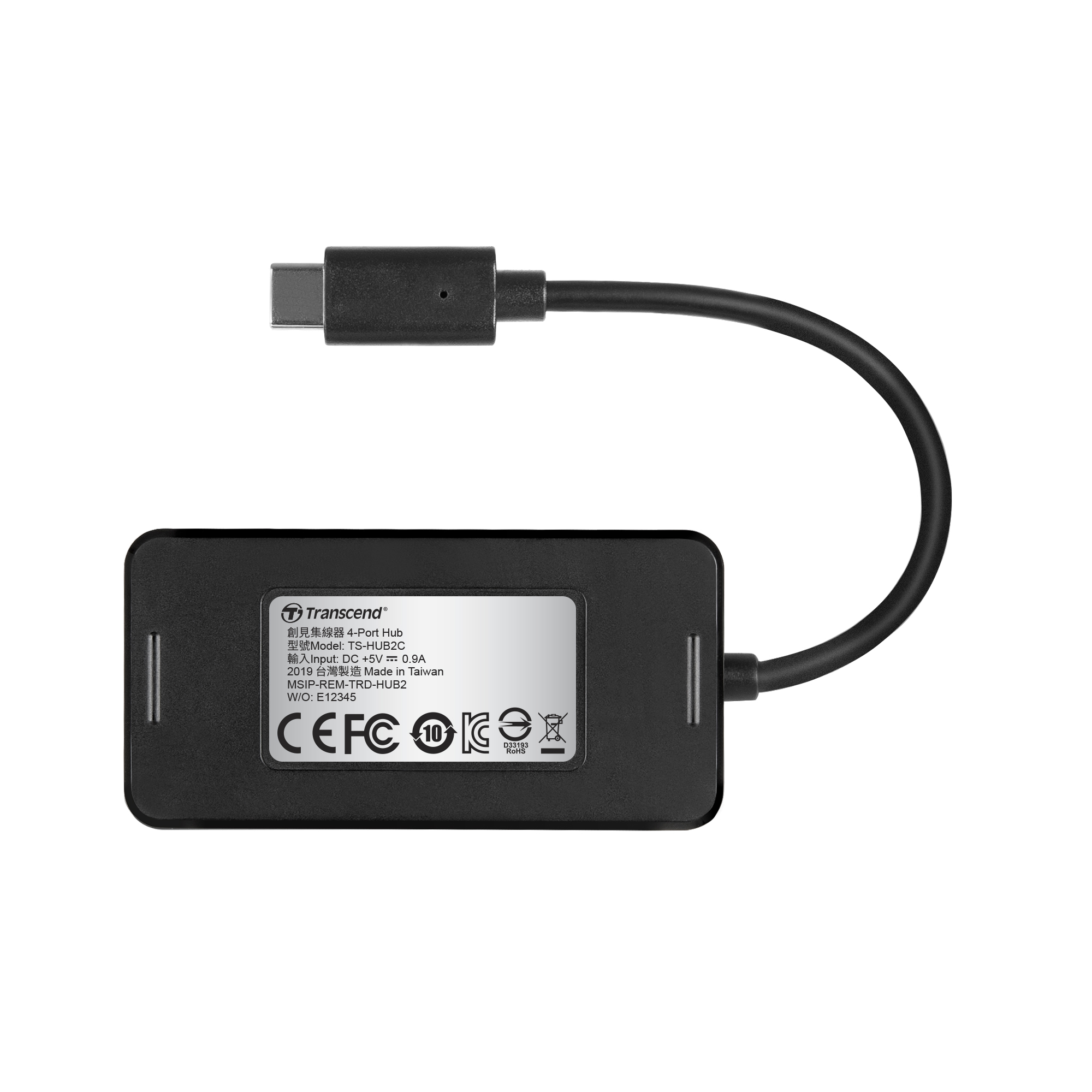 Hub USB-C nero Transcend a 4 porte con cavo e connettore.