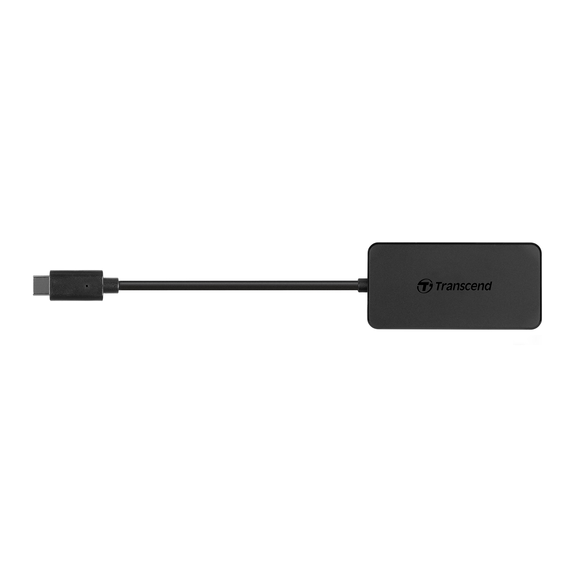 Hub USB-C nero Transcend con cavo e connettore USB-C.