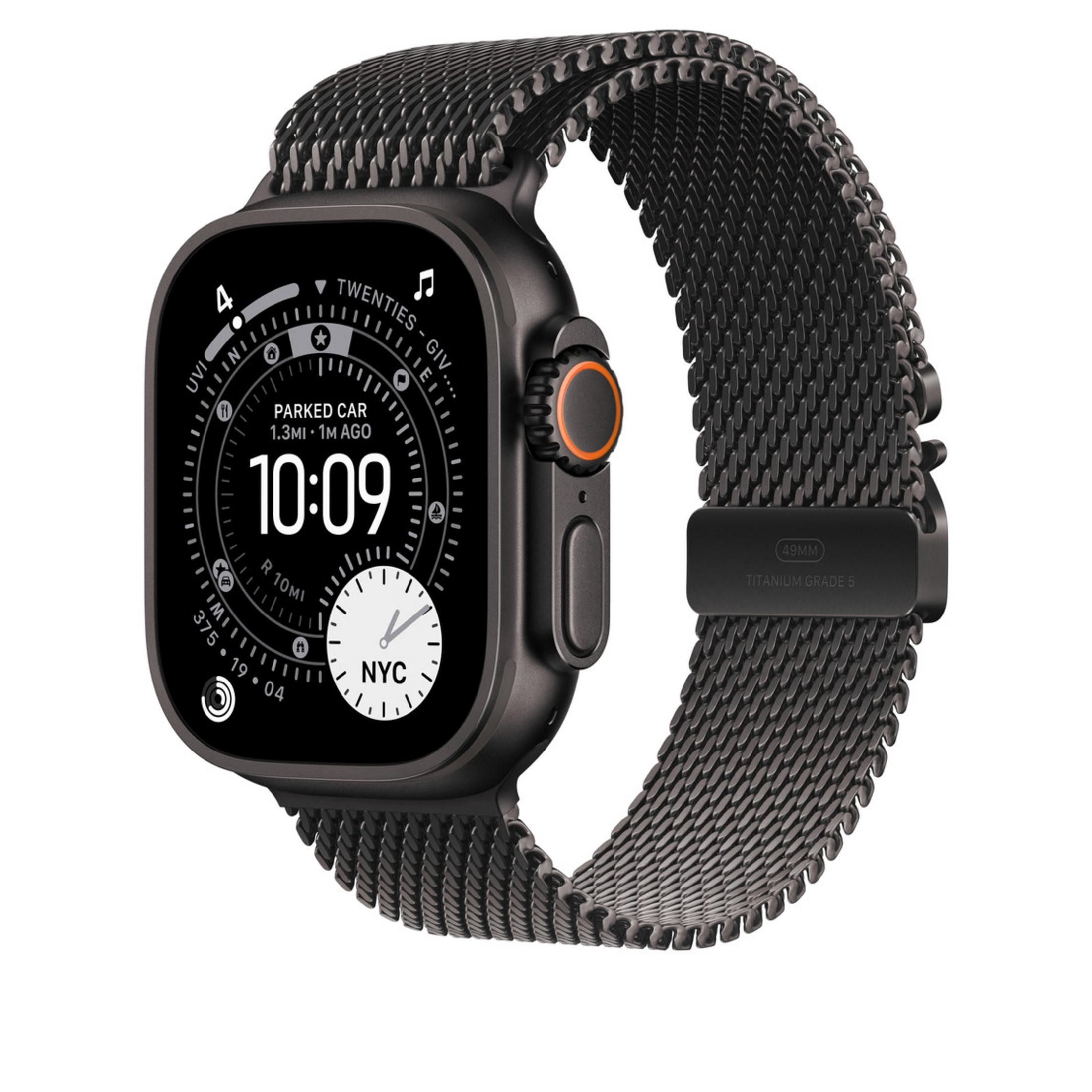 Ciemny smartwatch z opaską mediolańską na białym tle.