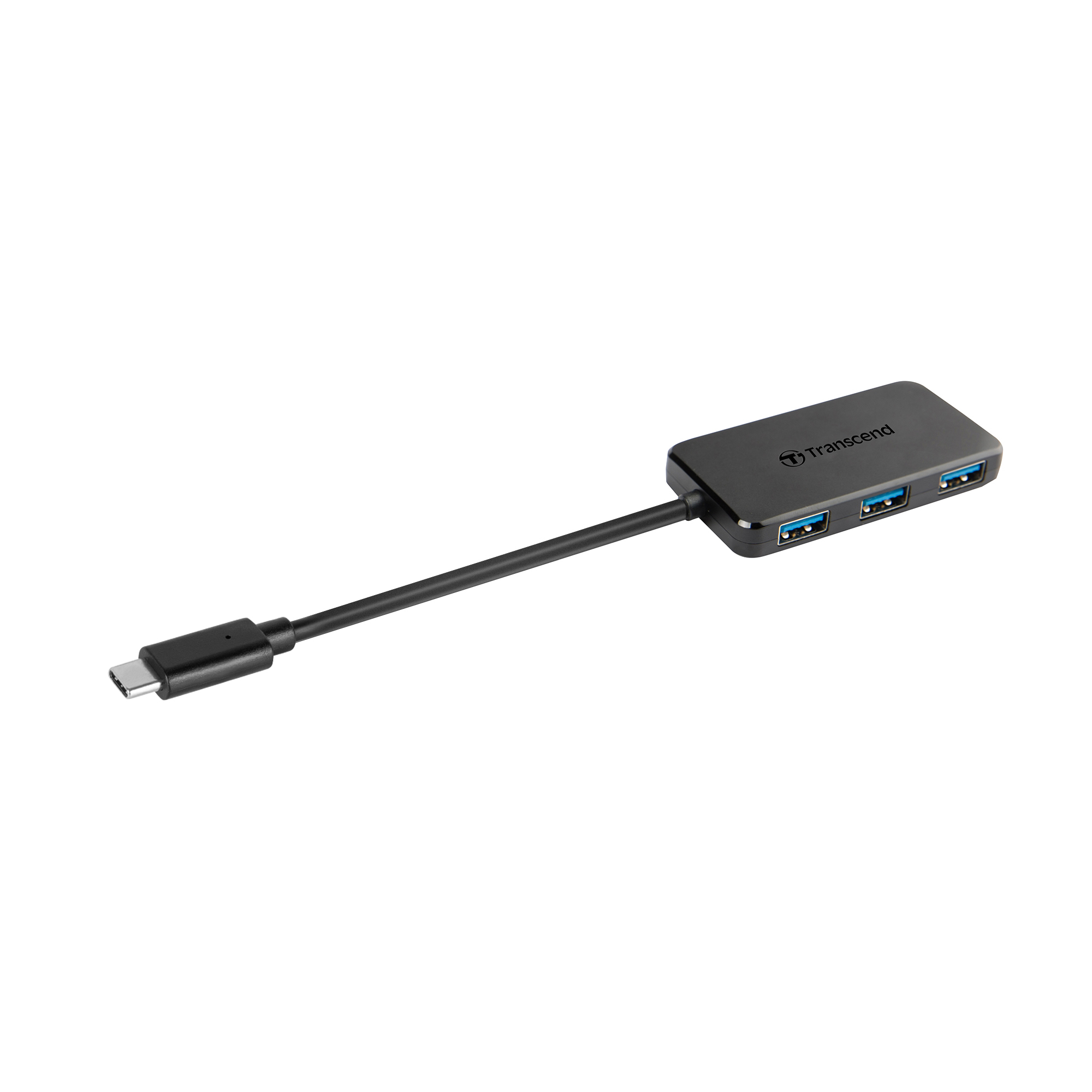 Hub USB-C nero Transcend con tre porte USB-A e un cavo USB-C.
