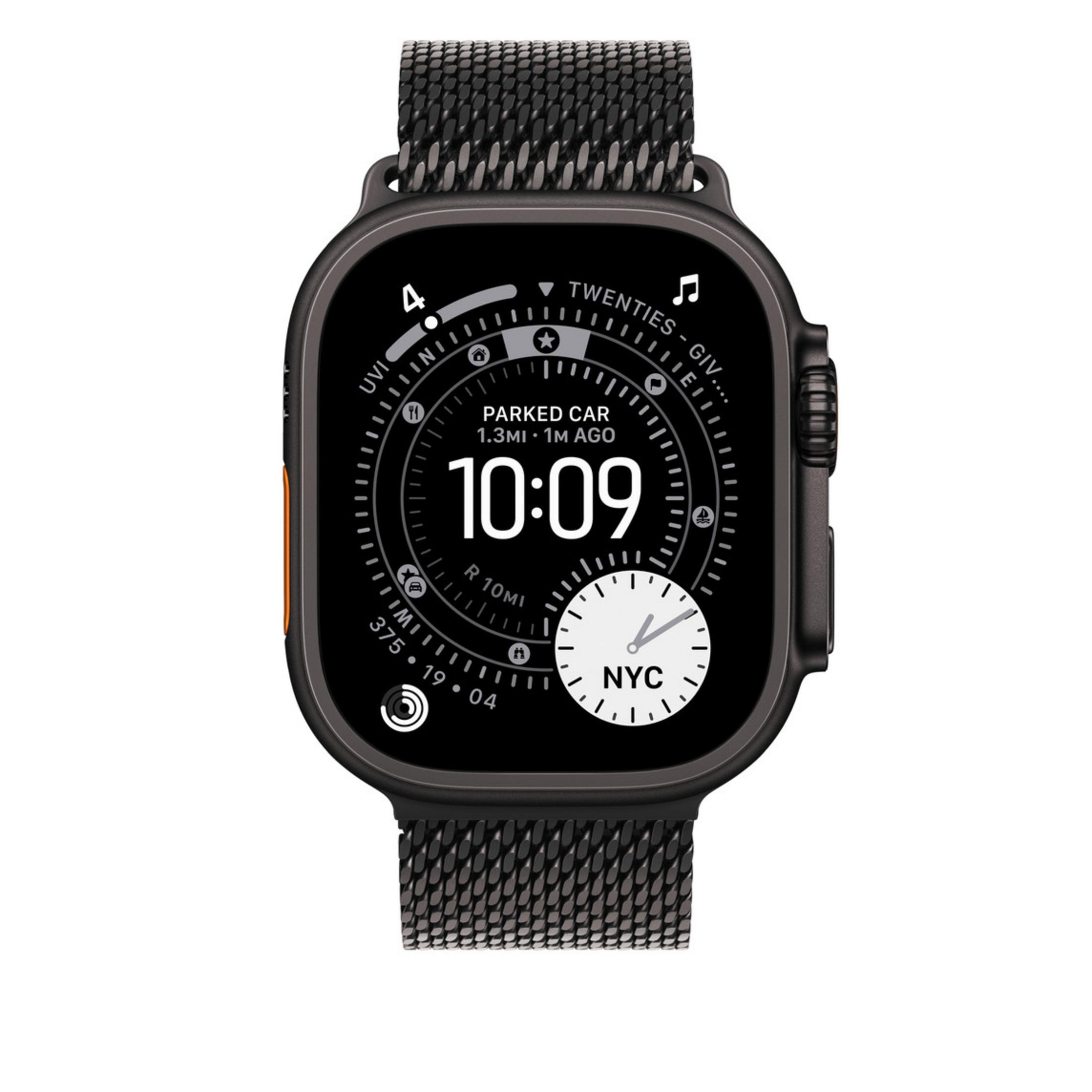 Ciemny smartwatch z czarną bransoletą z siateczki pokazuje 10:09.