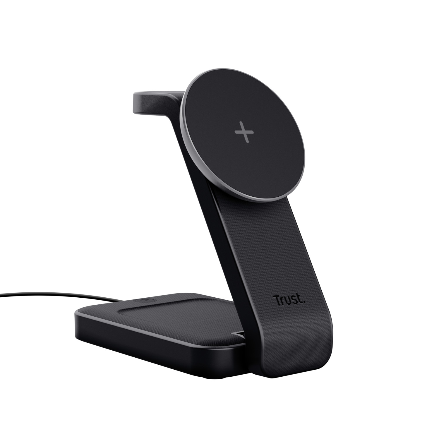 Caricabatterie wireless nero con pad di ricarica rotondo e supporto.
