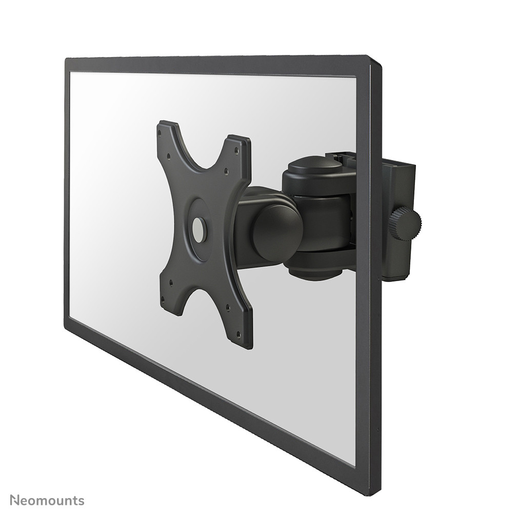 Zwarte monitorarm bevestigd aan een flatscreen monitor op witte achtergrond.