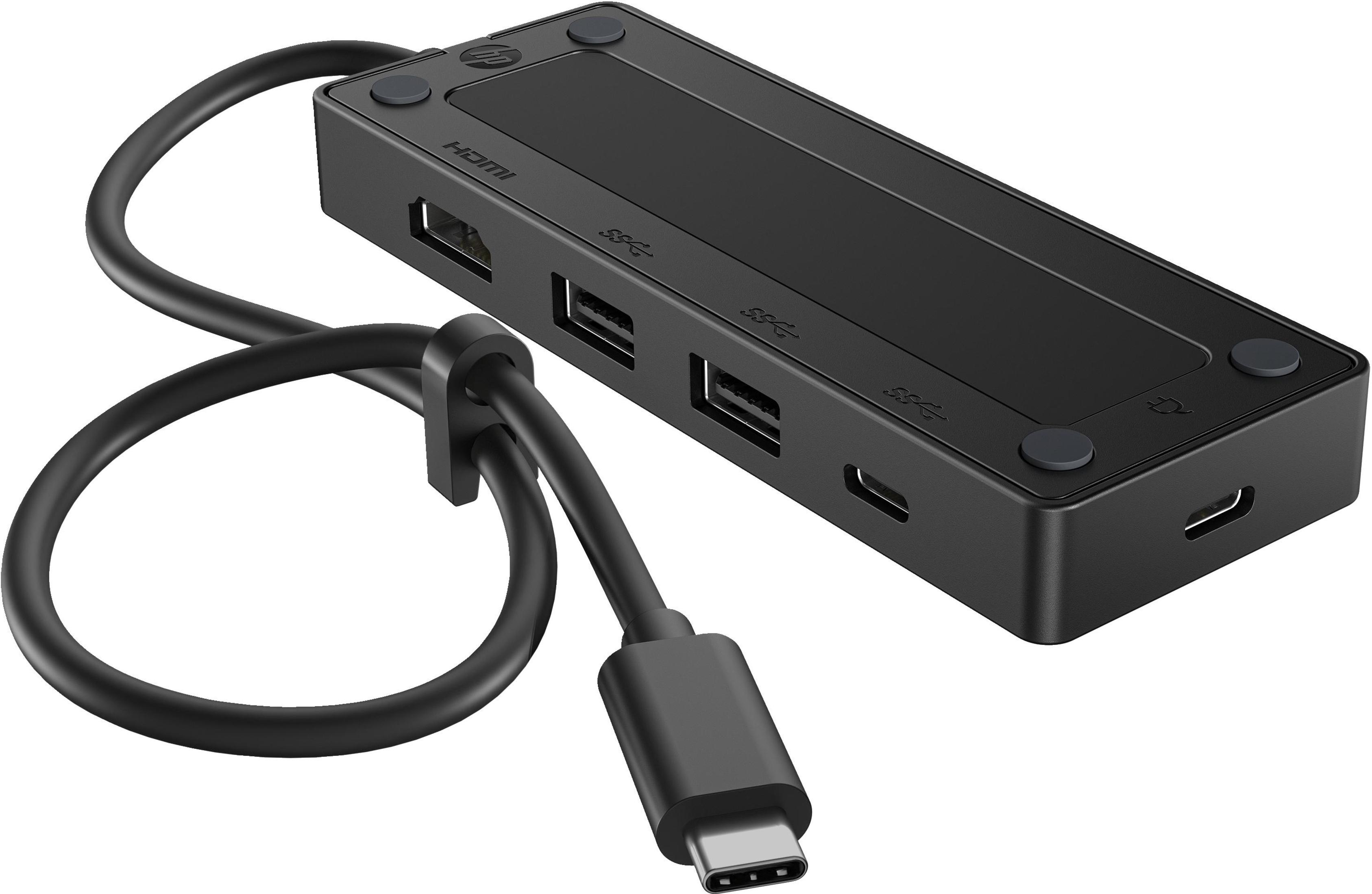 Hub USB-C HP nero con porte HDMI, USB-A e USB-C.