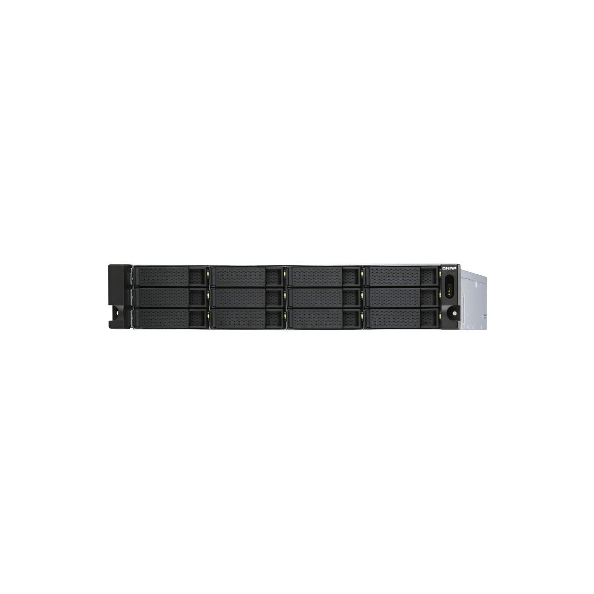Server NAS QNAP nero da 12 bay con accenti argento e una luce a destra.