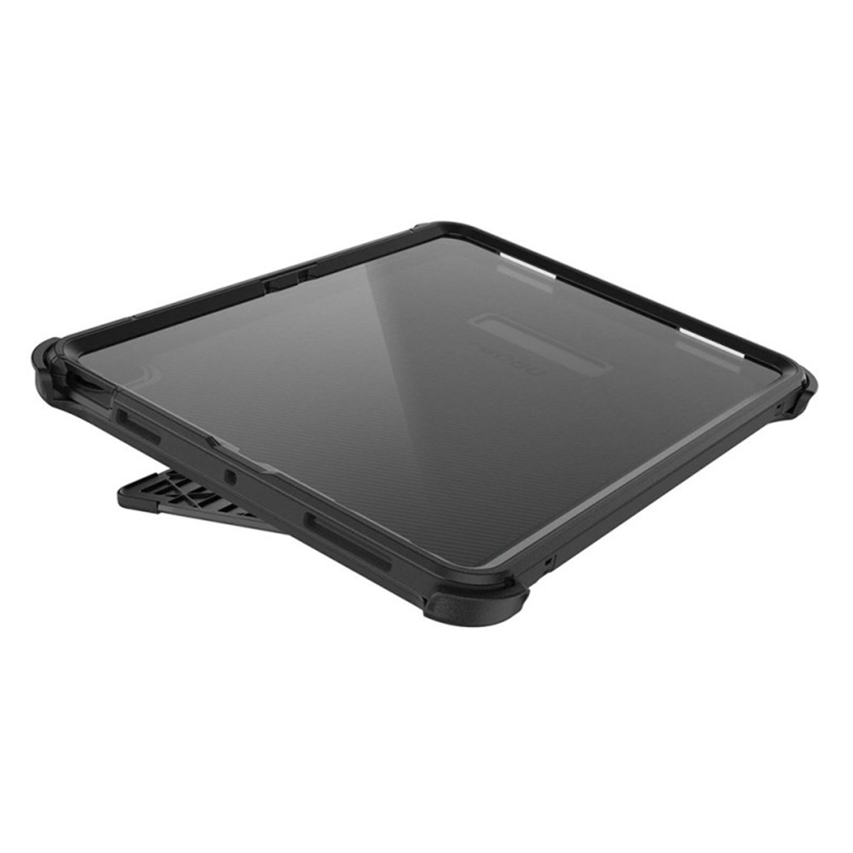 Un tablet nero in una custodia protettiva con cavalletto. La custodia ha angoli rinforzati.