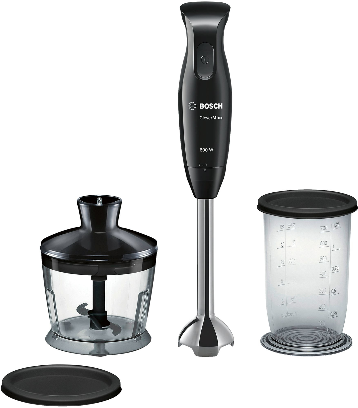 Ein schwarzer Bosch Stabmixer mit Zubehör: Messbecher, Zerkleinerer und Deckel.