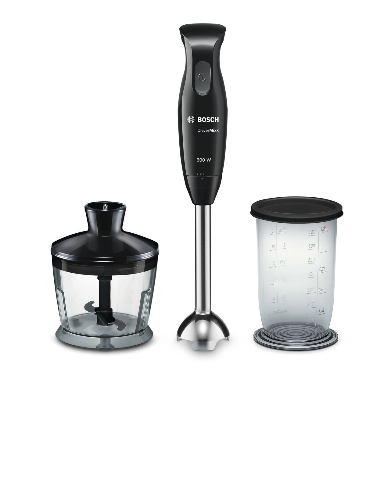 Bosch CleverMixx Stabmixer mit Zerkleinerer und Messbecher auf weißem Grund.