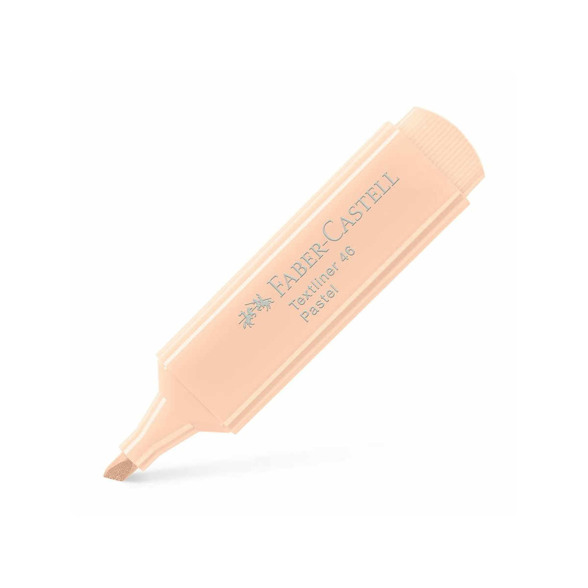 Un evidenziatore Faber-Castell Textliner 46 Pastel color pesca chiaro su sfondo bianco.