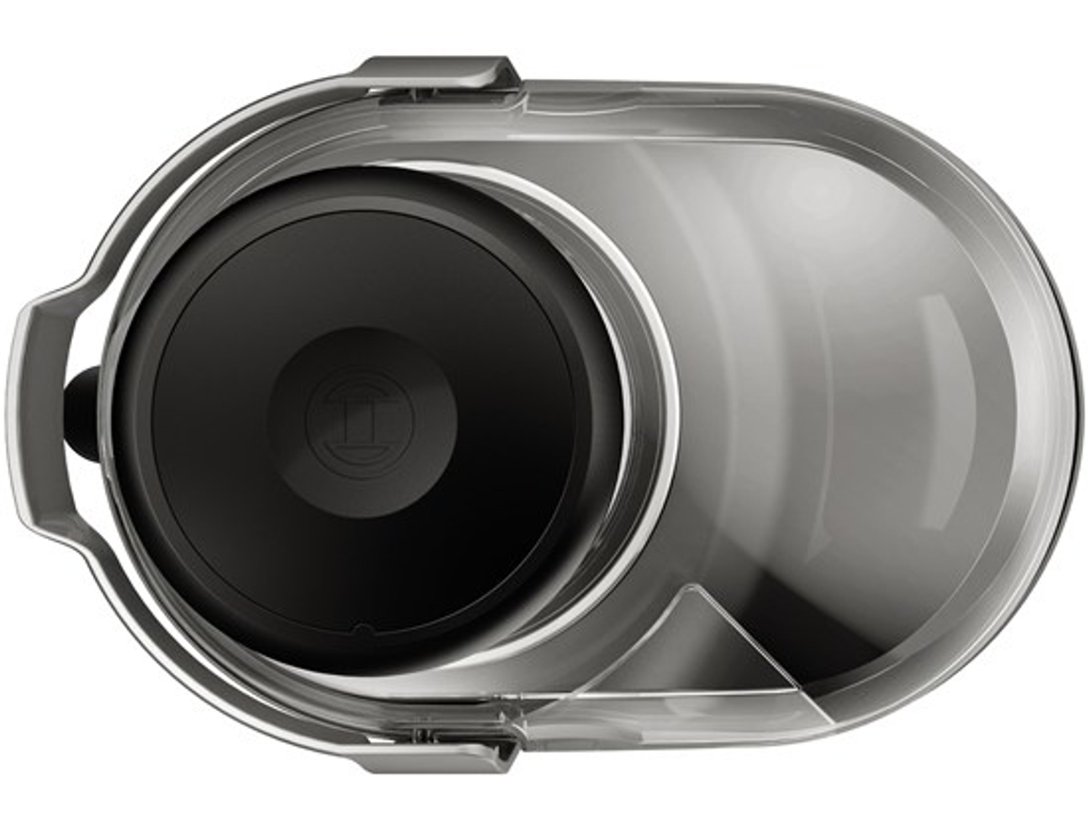 Czarny cylinder w przezroczystym pojemniku z uchwytami i zatrzaskami.