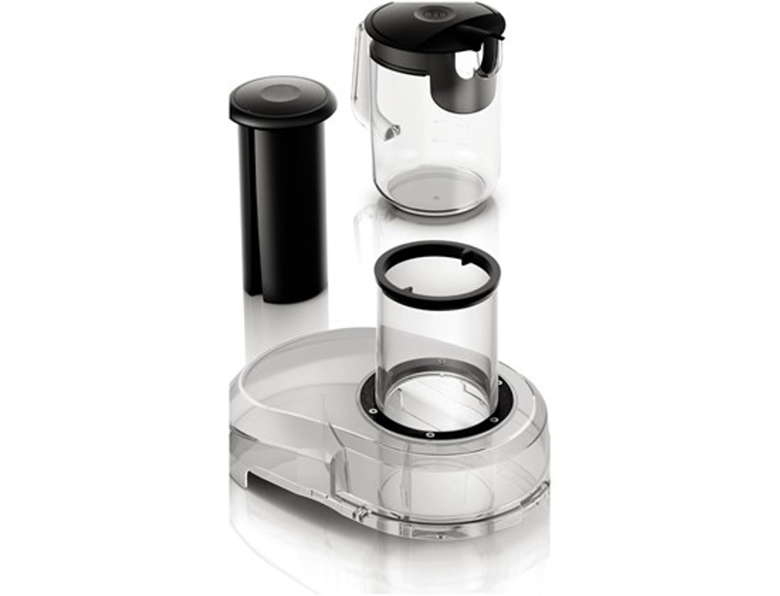 Przezroczysta podstawa robota kuchennego z przezroczystym cylindrem i czarną pokrywką, plus czarny cylinder.