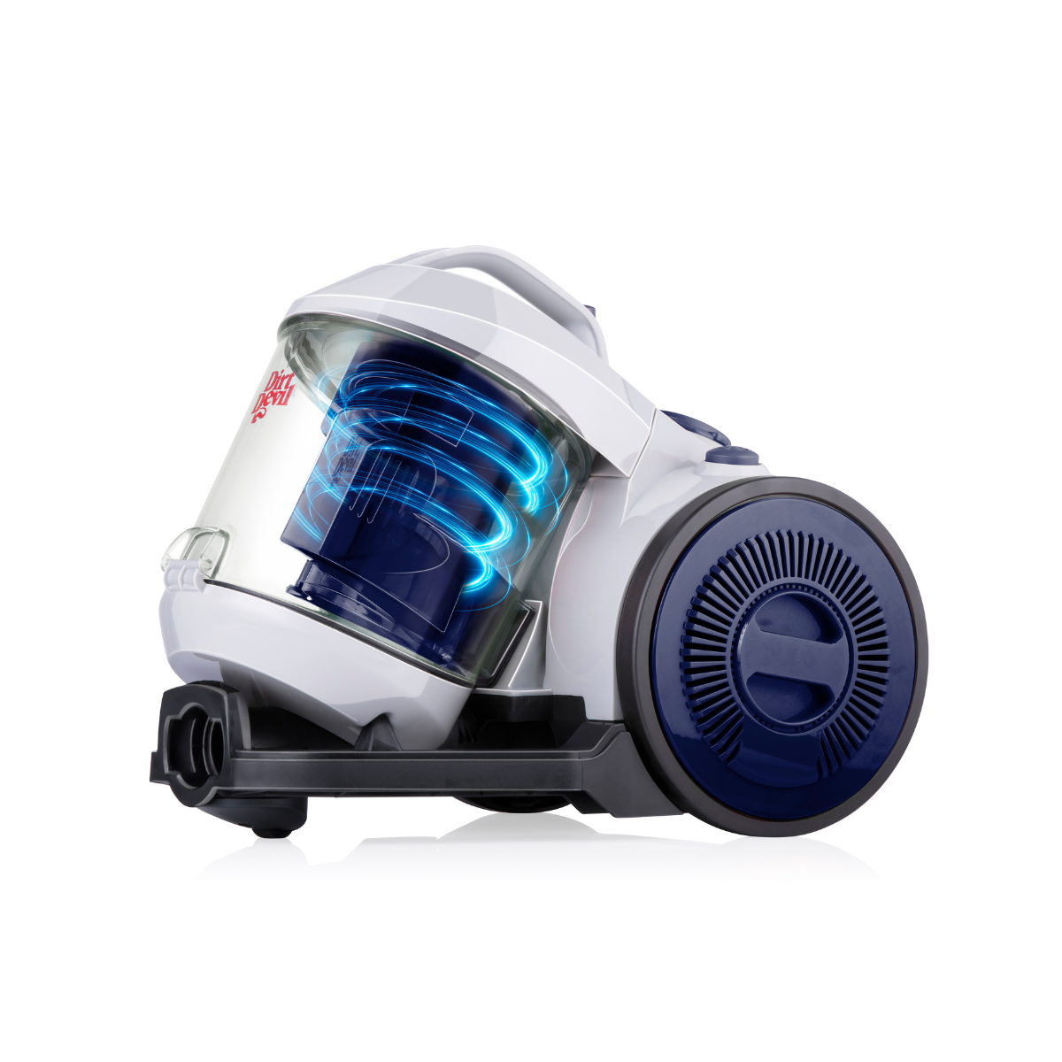 White and blue Dirt Devil vacuum cleaner with clear dustbin showing blue vortex.