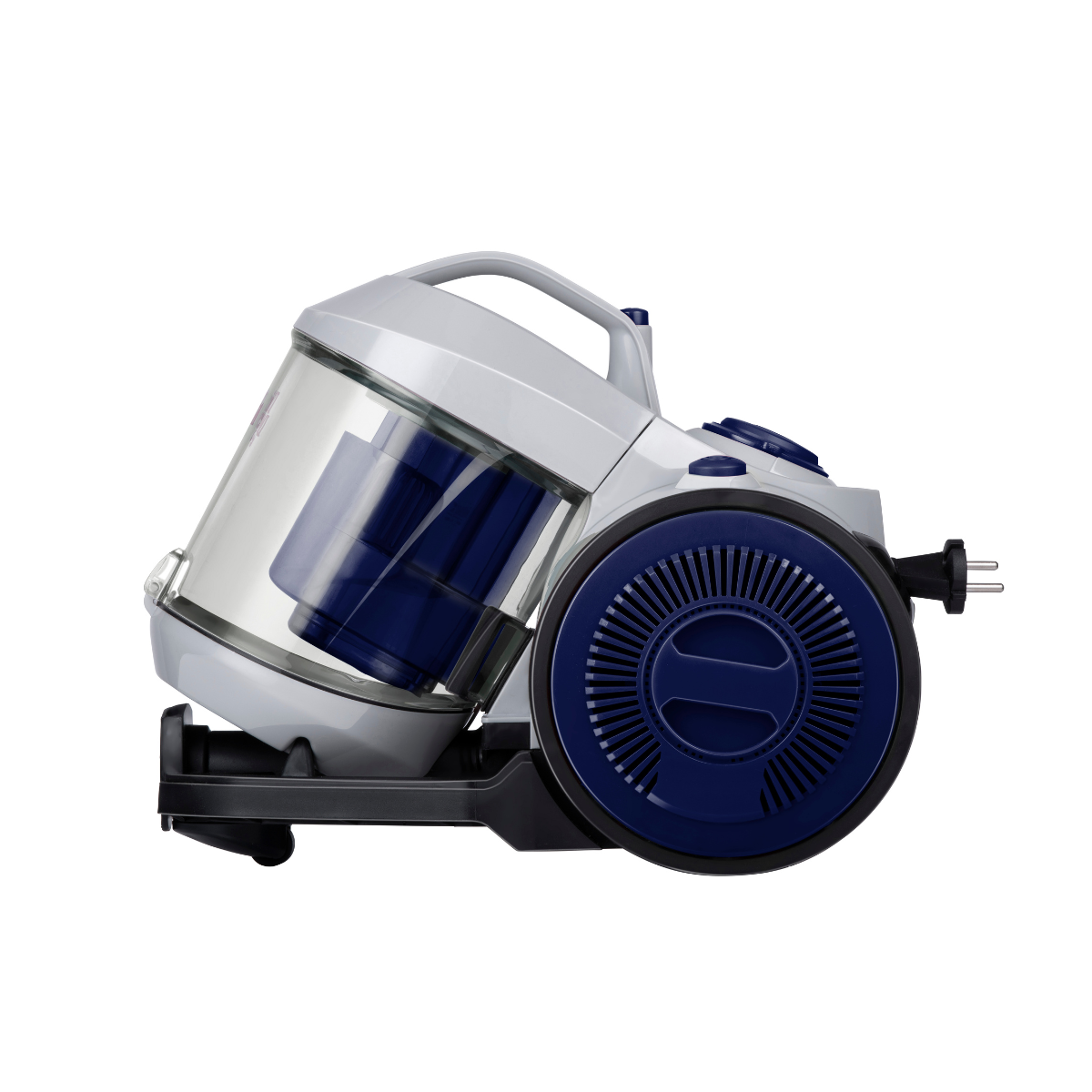 A white and blue cylinder vacuum cleaner with a transparent dustbin is shown.