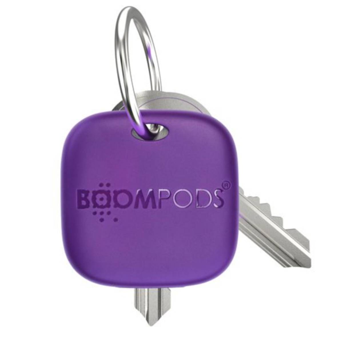 Un portachiavi quadrato viola con logo "BOOMPODS" e una chiave argentata.