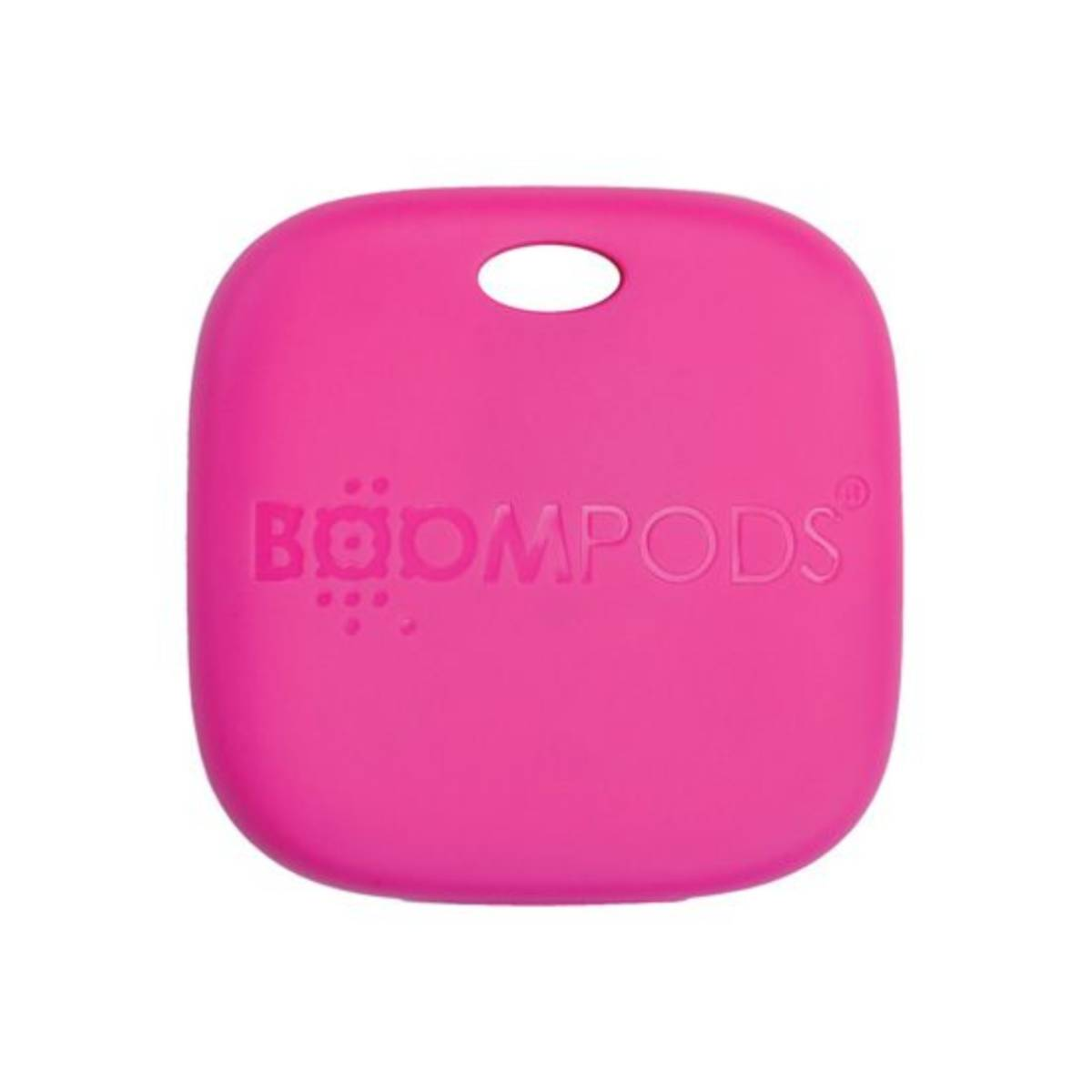 Un'etichetta rosa brillante a forma quadrata con angoli arrotondati e un foro in alto. La parola BOOMPODS è visibile.