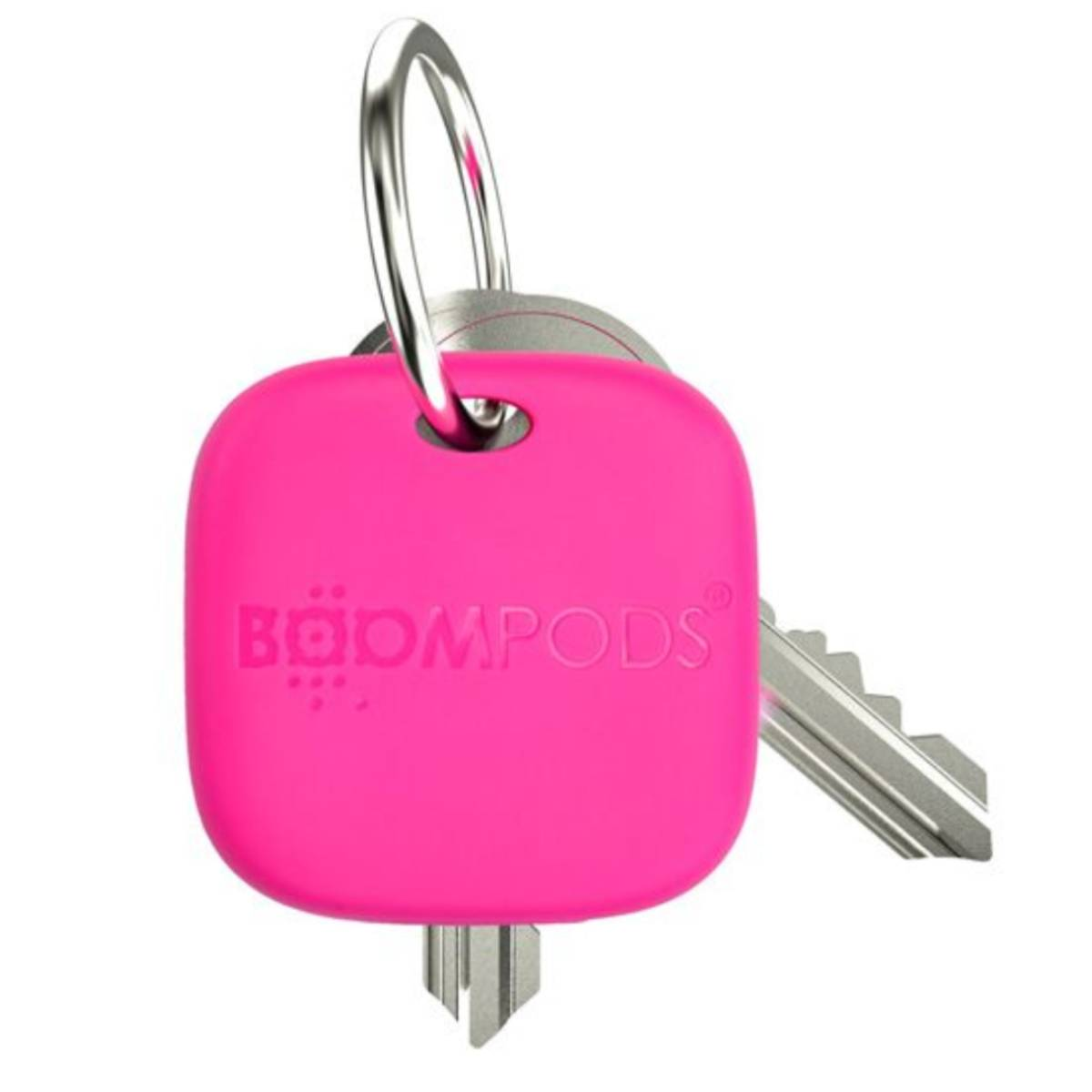 Un portachiavi rosa con logo BOOMPODS e chiave argentata.