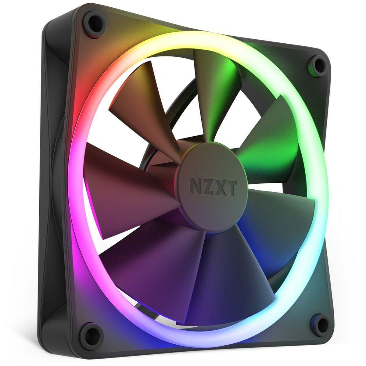 Czarny wentylator PC z oświetleniem RGB i logo NZXT na piaście.