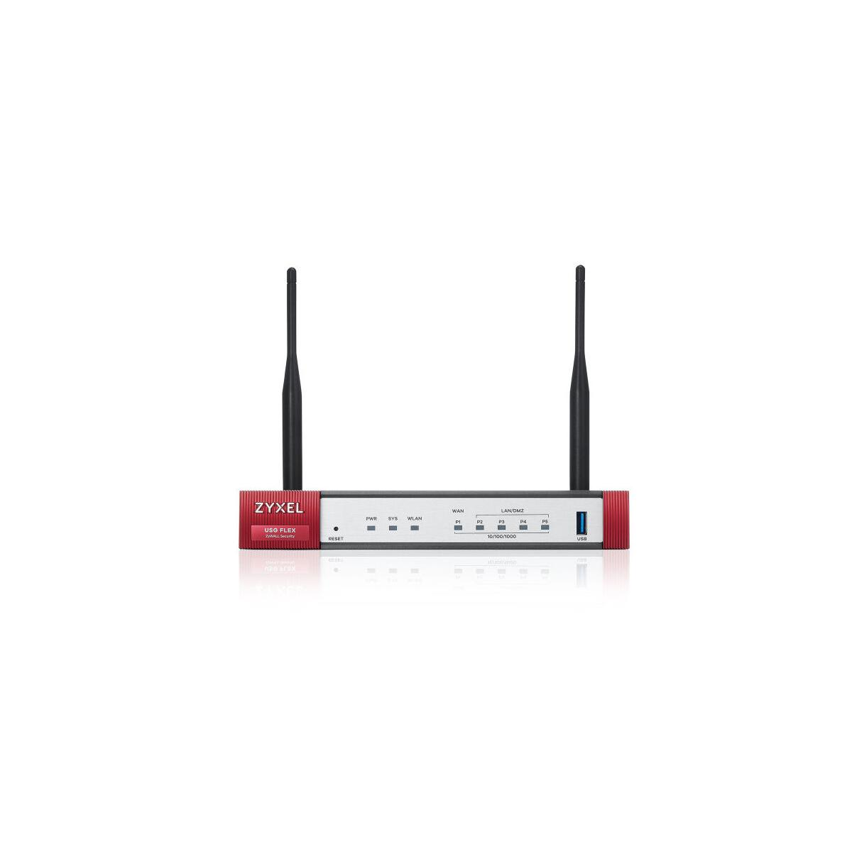 Firewall Zyxel USG FLEX con due antenne e spie di stato su sfondo bianco.