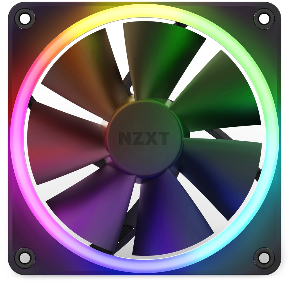 Wentylator komputerowy NZXT z oświetleniem RGB wokół ramki i czarnymi łopatkami.