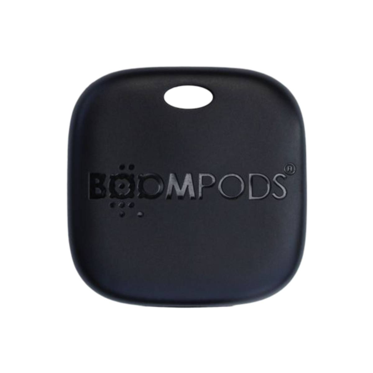 Tracciatore quadrato nero Boompods con foro in alto.