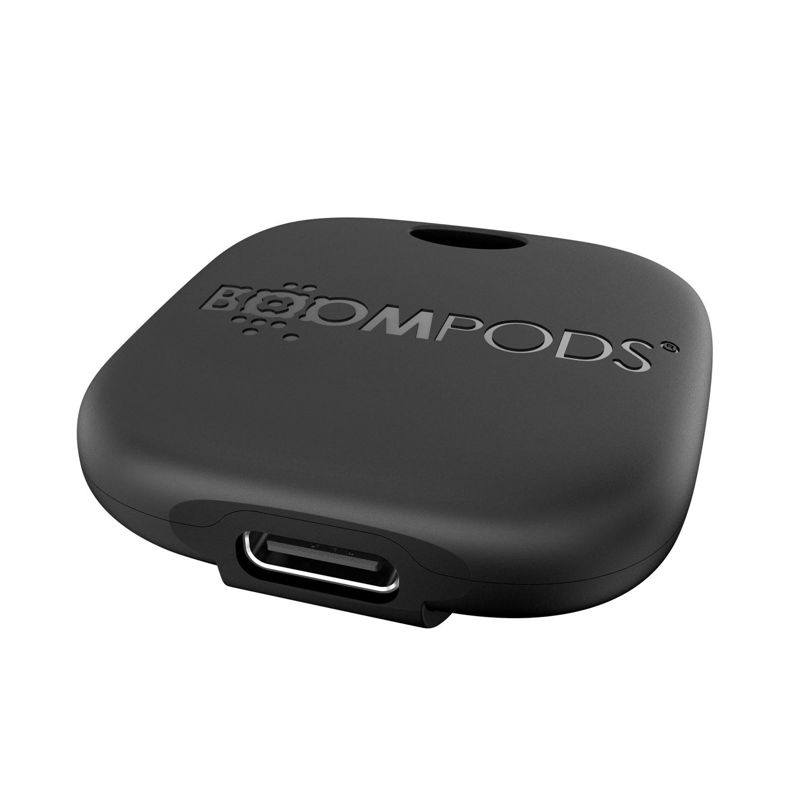 Una custodia di ricarica BOOMPODS nera con porta USB-C è mostrata su sfondo bianco.