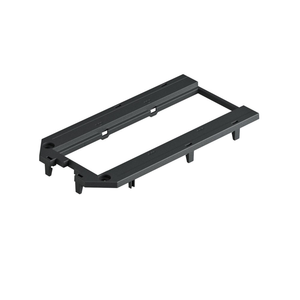 Una cornice in plastica nera con fessure e dentelli su sfondo bianco.