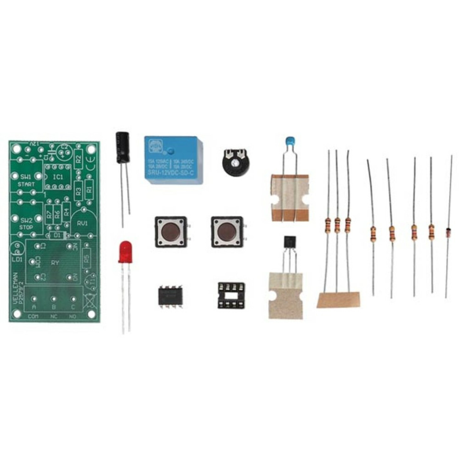 Componenti elettronici: PCB, relè, resistori, condensatori, LED, IC, transistor, interruttori.