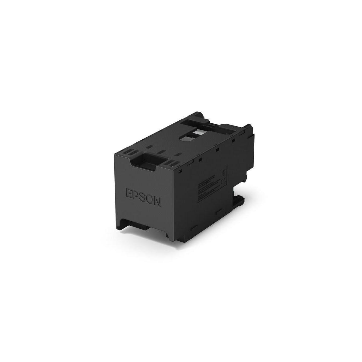 Un contenitore di cartuccia d'inchiostro Epson nero su sfondo bianco.