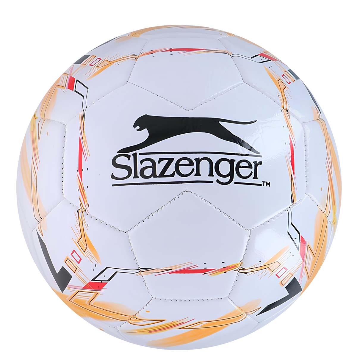 Un pallone da calcio bianco con il logo Slazenger e grafiche arancioni, rosse e nere.