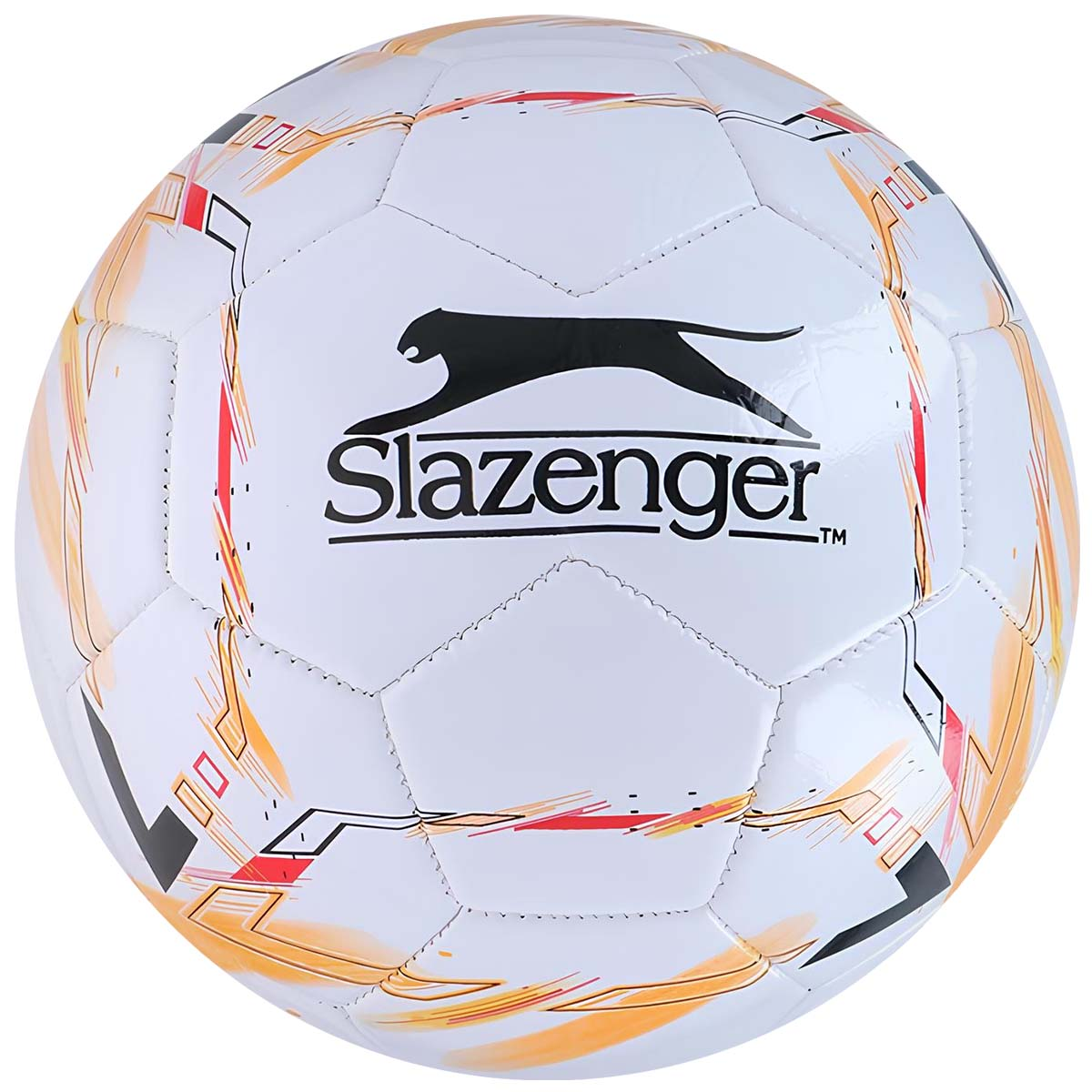 Un pallone da calcio bianco con logo Slazenger nero e motivi astratti arancioni e rossi.