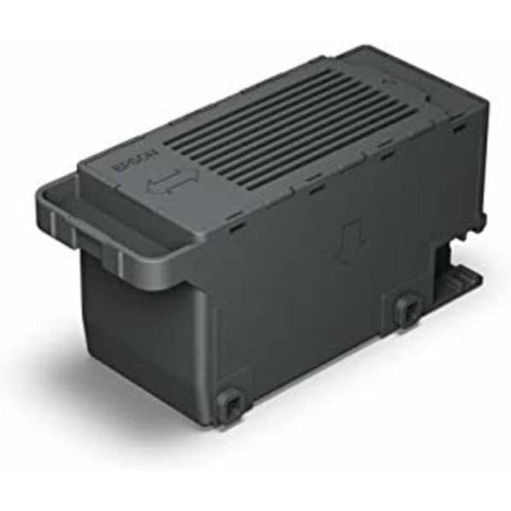 Una cartuccia d'inchiostro Epson nera con fessure di ventilazione sulla parte superiore e frecce che indicano la direzione.