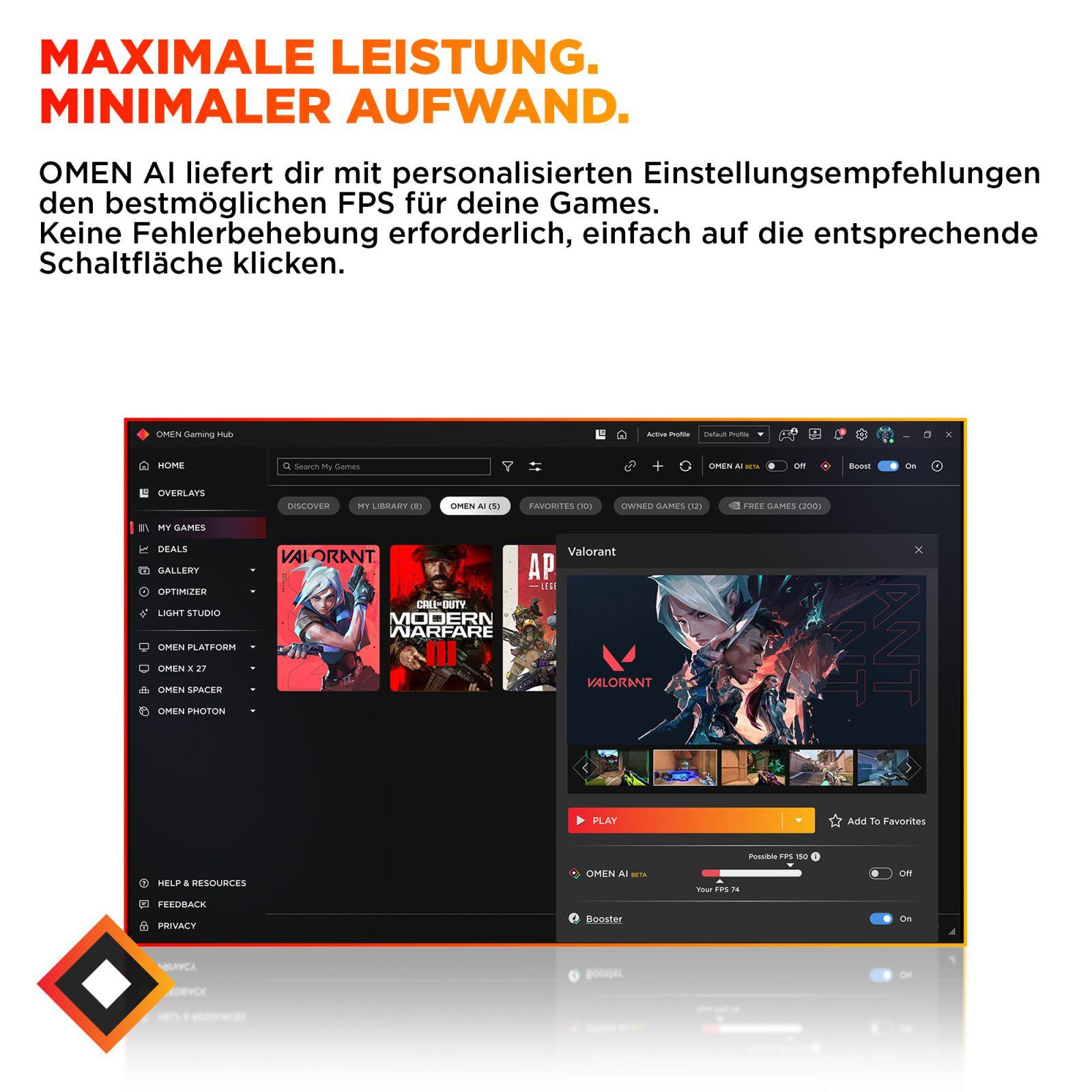 OMEN Gaming Hub zeigt Spiele, mit Valorant im Fokus. FPS-Optimierung wird angeboten.