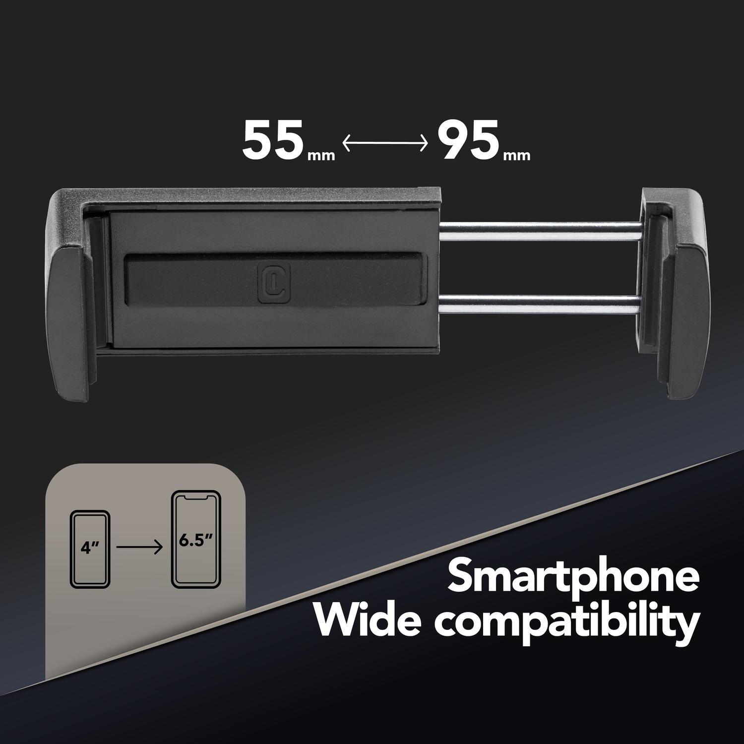 Schwarzer Smartphone-Halter, verstellbar von 55mm bis 95mm, kompatibel mit 4" bis 6,5" Handys.