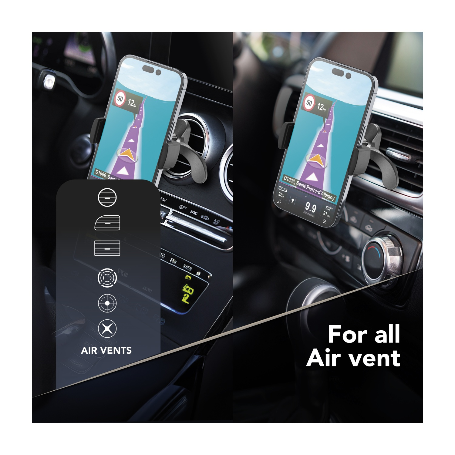 Handyhalterung am Lüftungsschlitz mit Navigations-App. Text: Für alle Lüftungsschlitze.