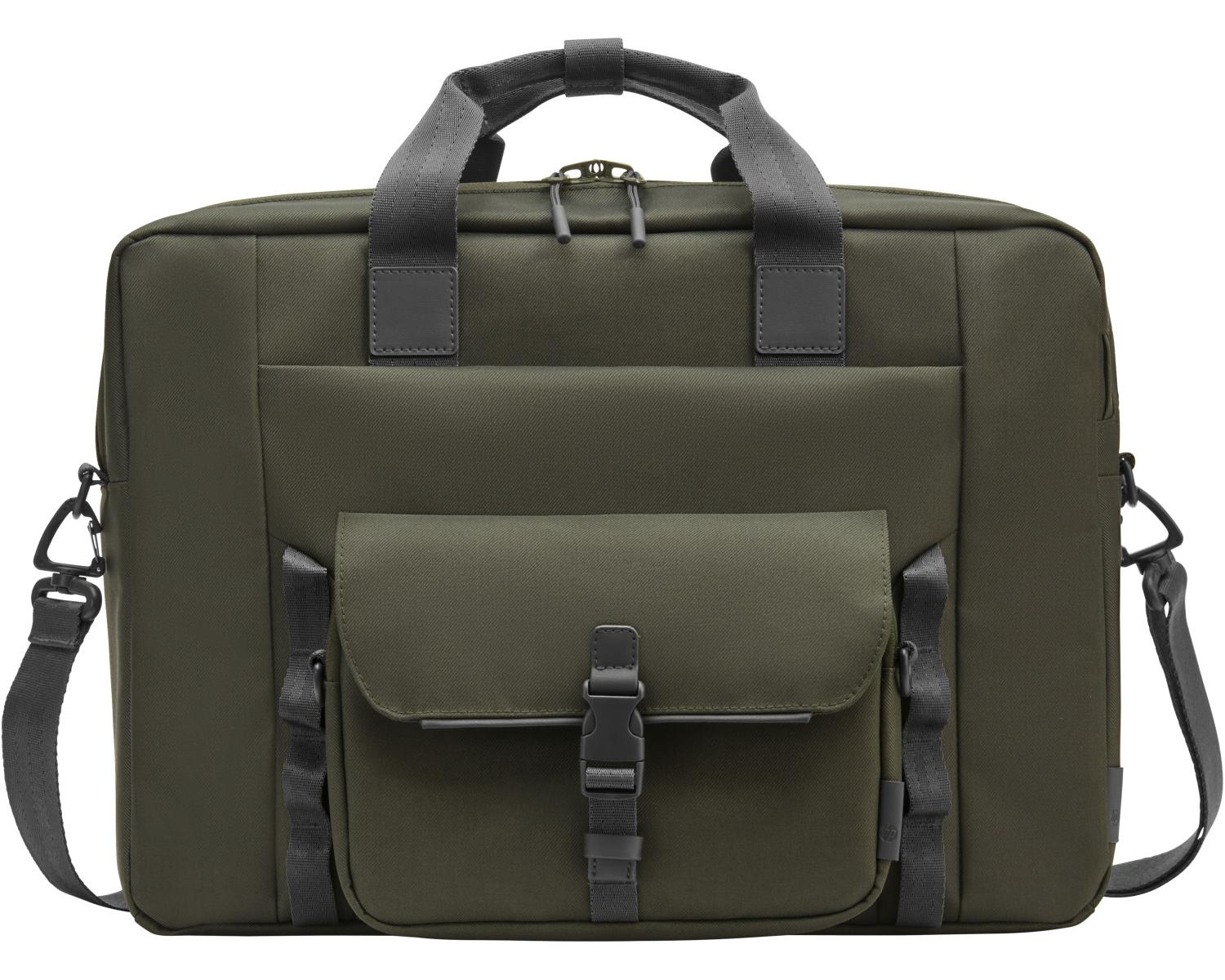 Una borsa messenger verde con molteplici tasche e cinghie, con chiusura a fibbia sulla patta anteriore.
