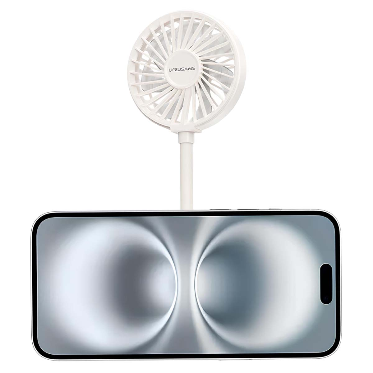 Ein weißer tragbarer Ventilator ist an einem Smartphone befestigt, das ein metallisches Tunnelmuster anzeigt.