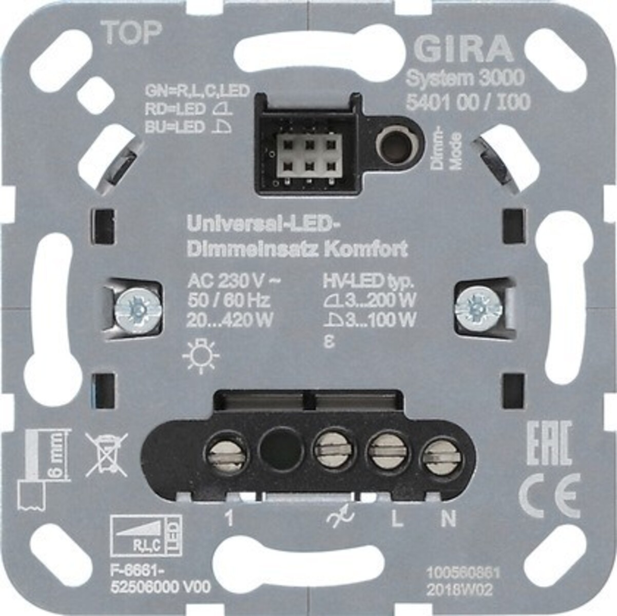 Retro di un dimmer GIRA System 3000 con morsetti e specifiche.