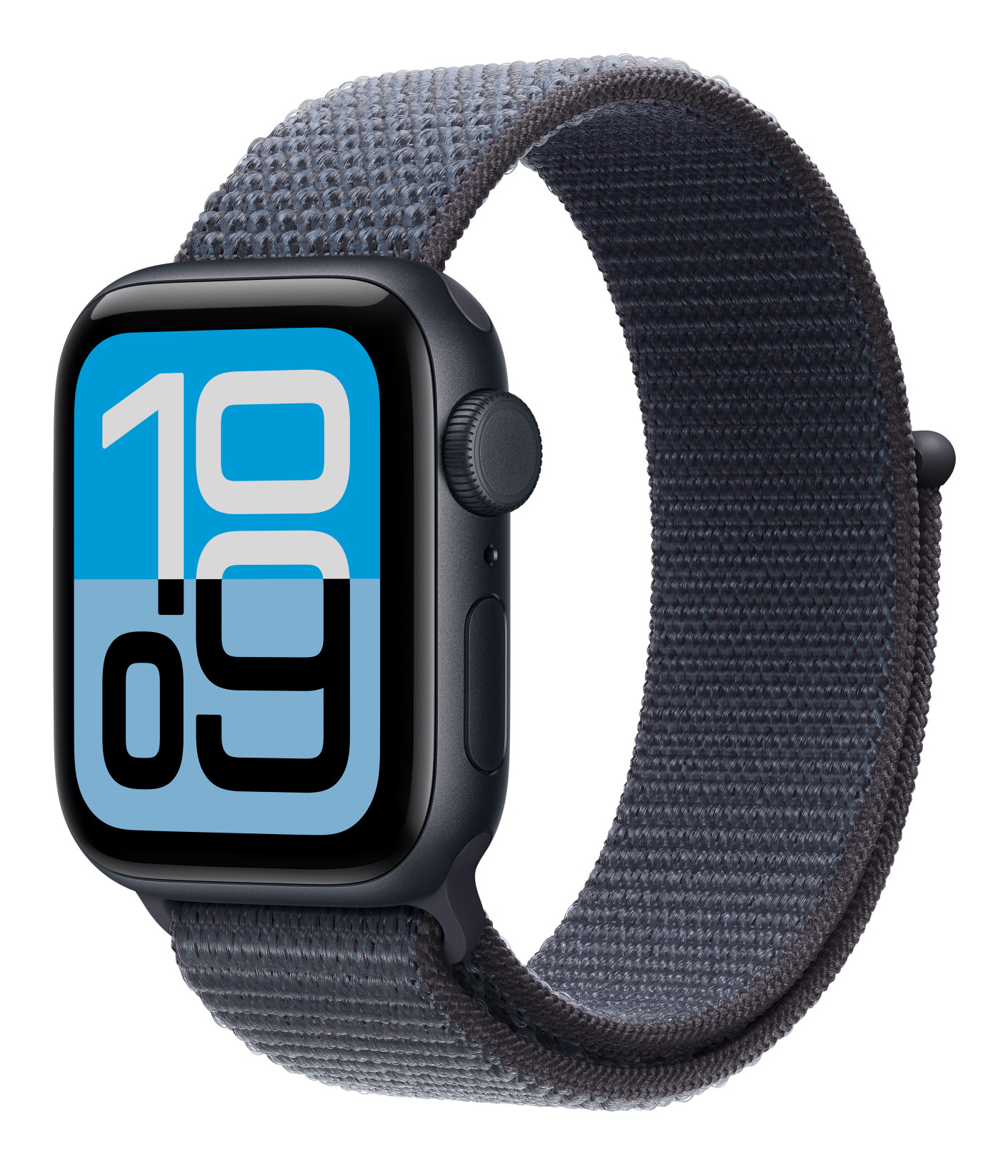 Un Apple Watch grigio scuro con display digitale blu e bianco, 10:09.