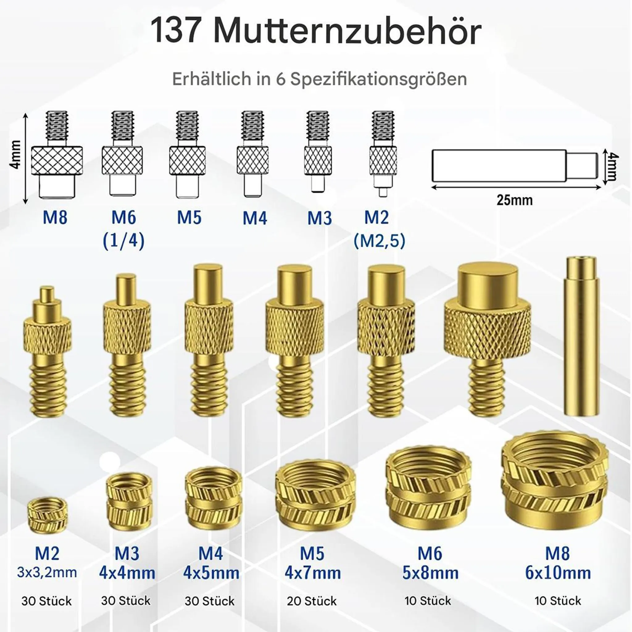 Goldene Gewindeeinsätze und Schrauben in verschiedenen Größen und Typen.