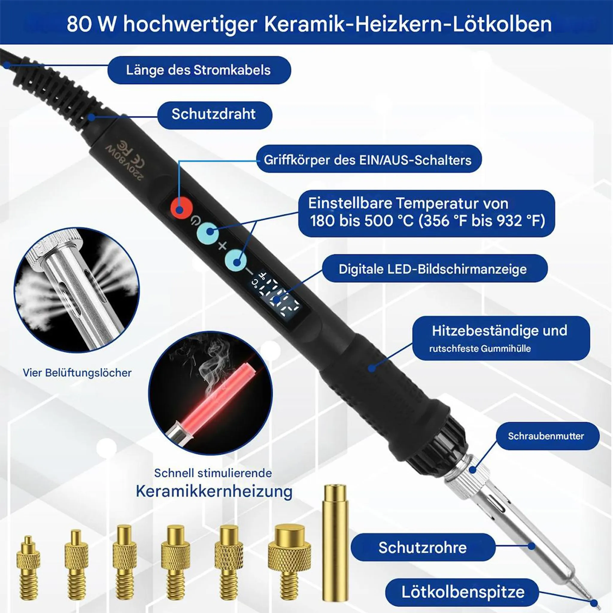 80W Lötkolben mit Digitalanzeige, einstellbarer Temperatur und Zubehör.