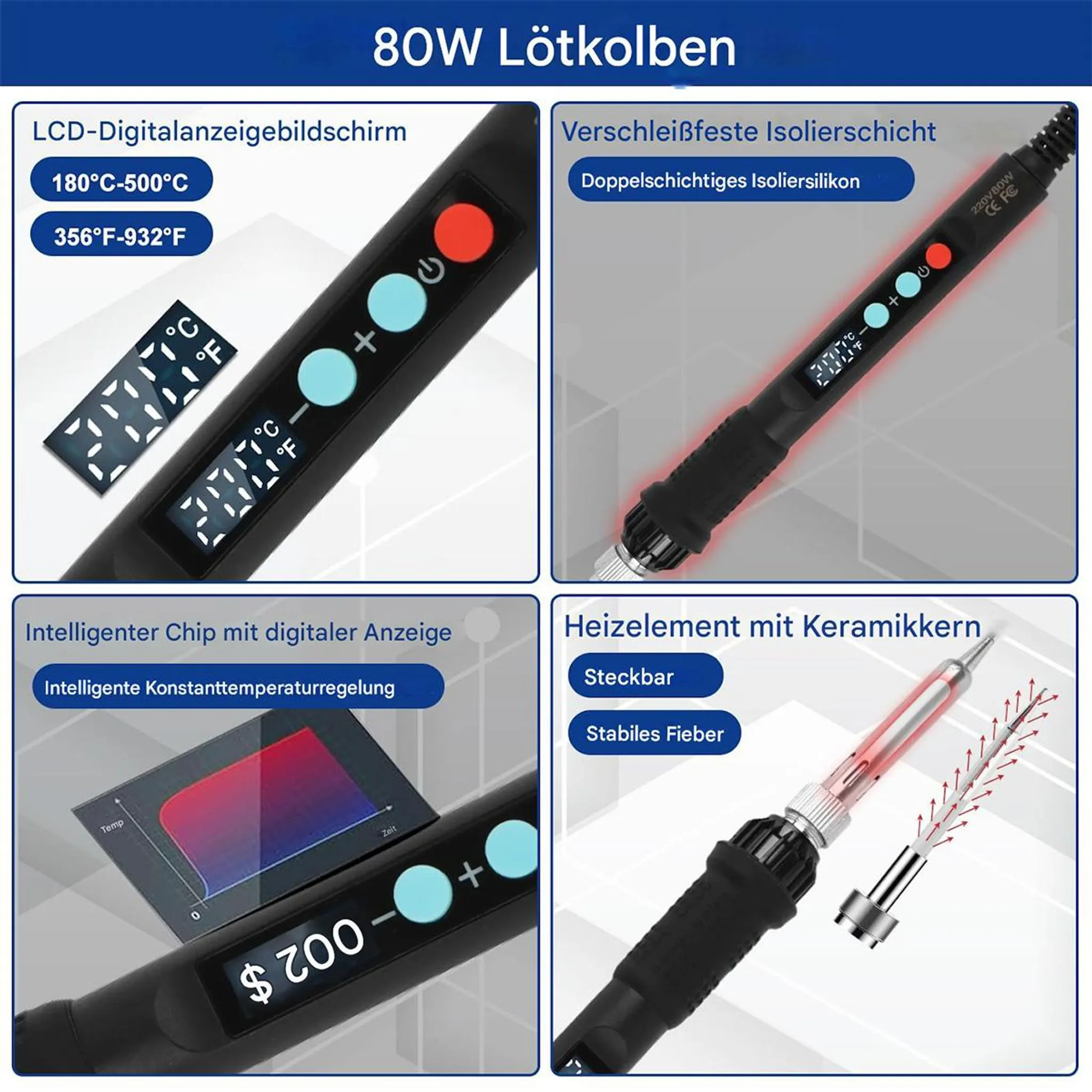 Produktübersicht eines 80W Lötkolbens mit LCD-Anzeige, Keramikkern und Temperaturregelung.
