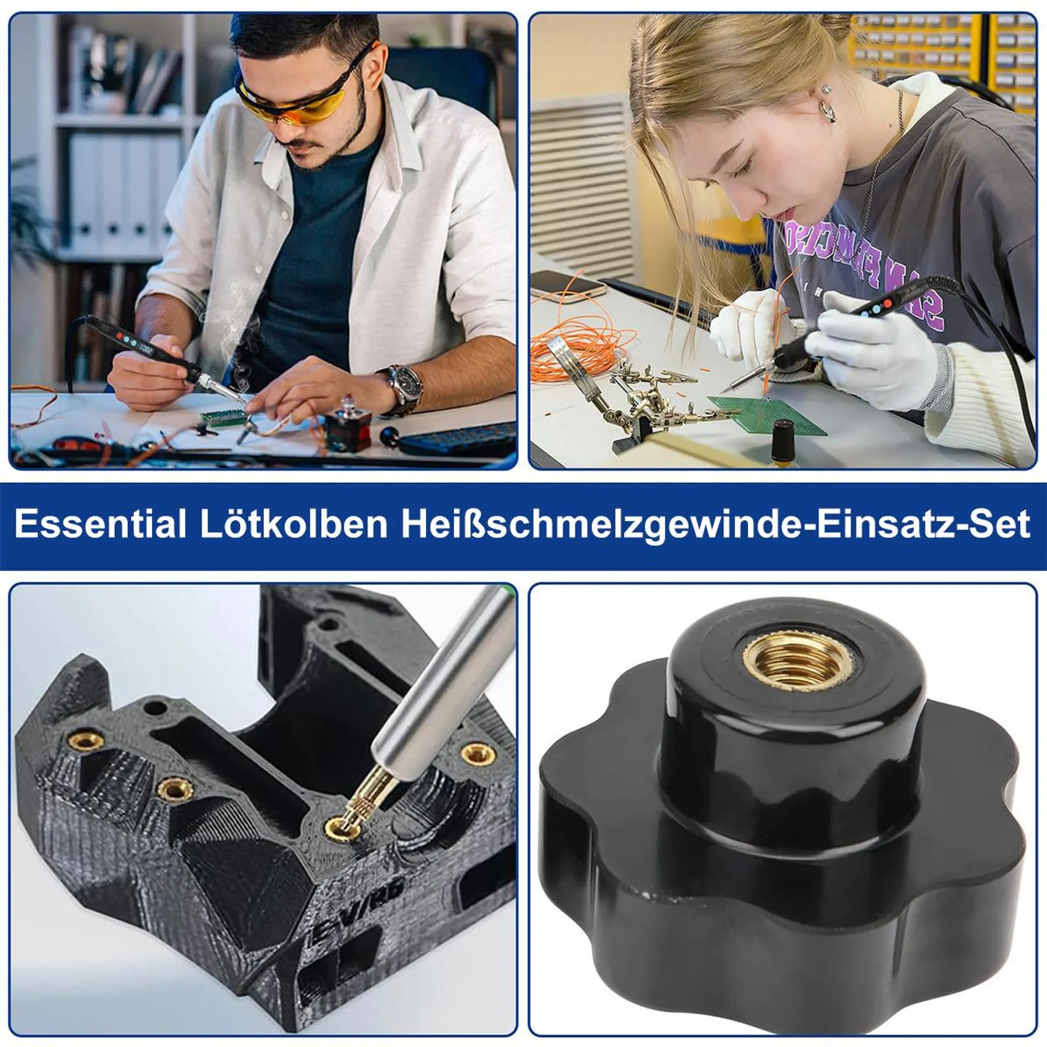 Personen beim Löten, 3D-gedrucktes Teil mit Messingeinsätzen und ein schwarzer Sternknopf.