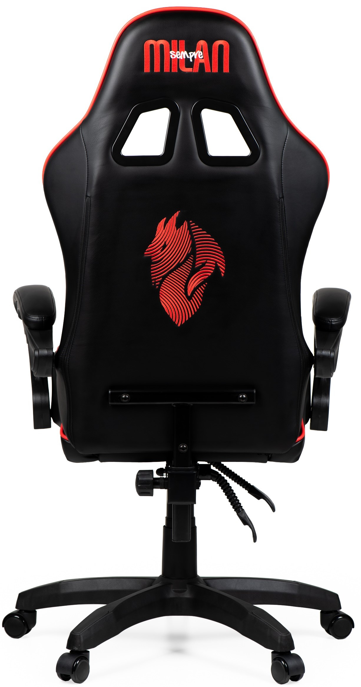 Sedia da gaming nera con finiture rosse, logo e scritta 'MILAN SEMPRE'.