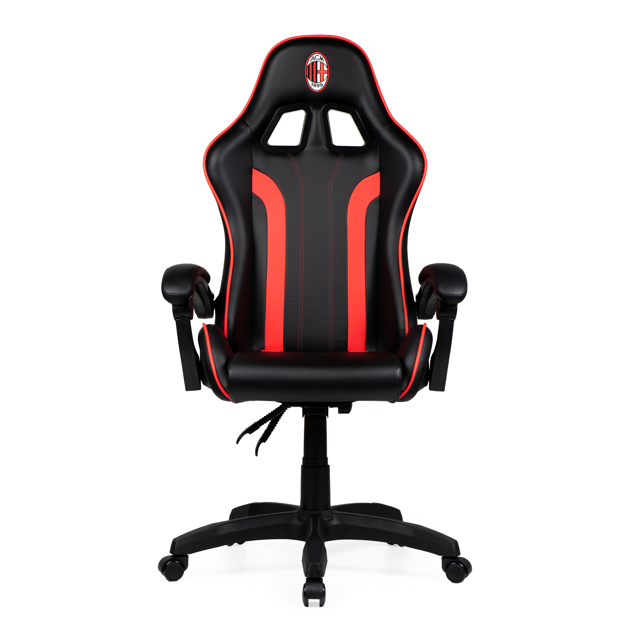 Una sedia da gaming nera con accenti rossi e logo AC Milan.