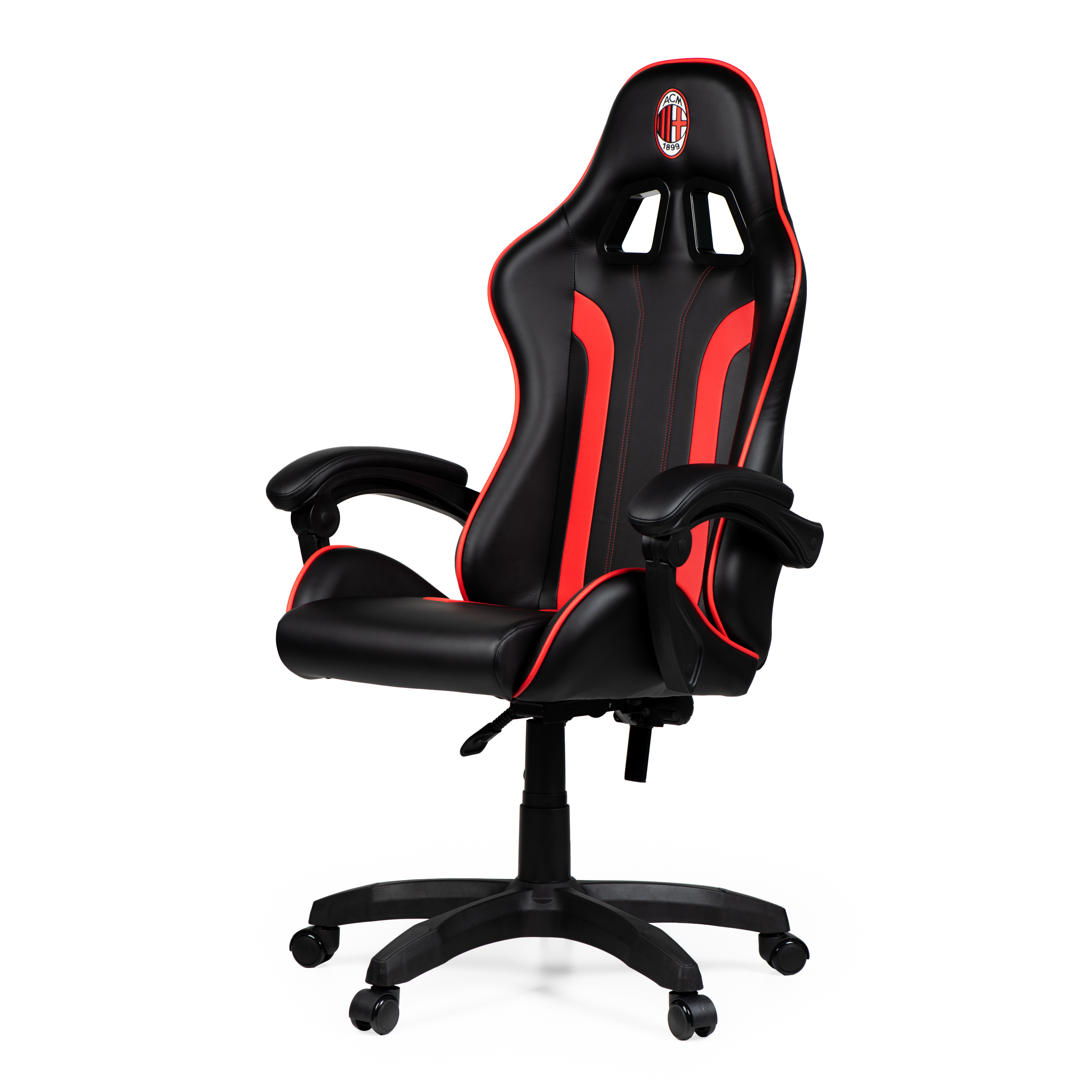 Sedia da gaming nera con accenti rossi e logo AC Milan sul poggiatesta.