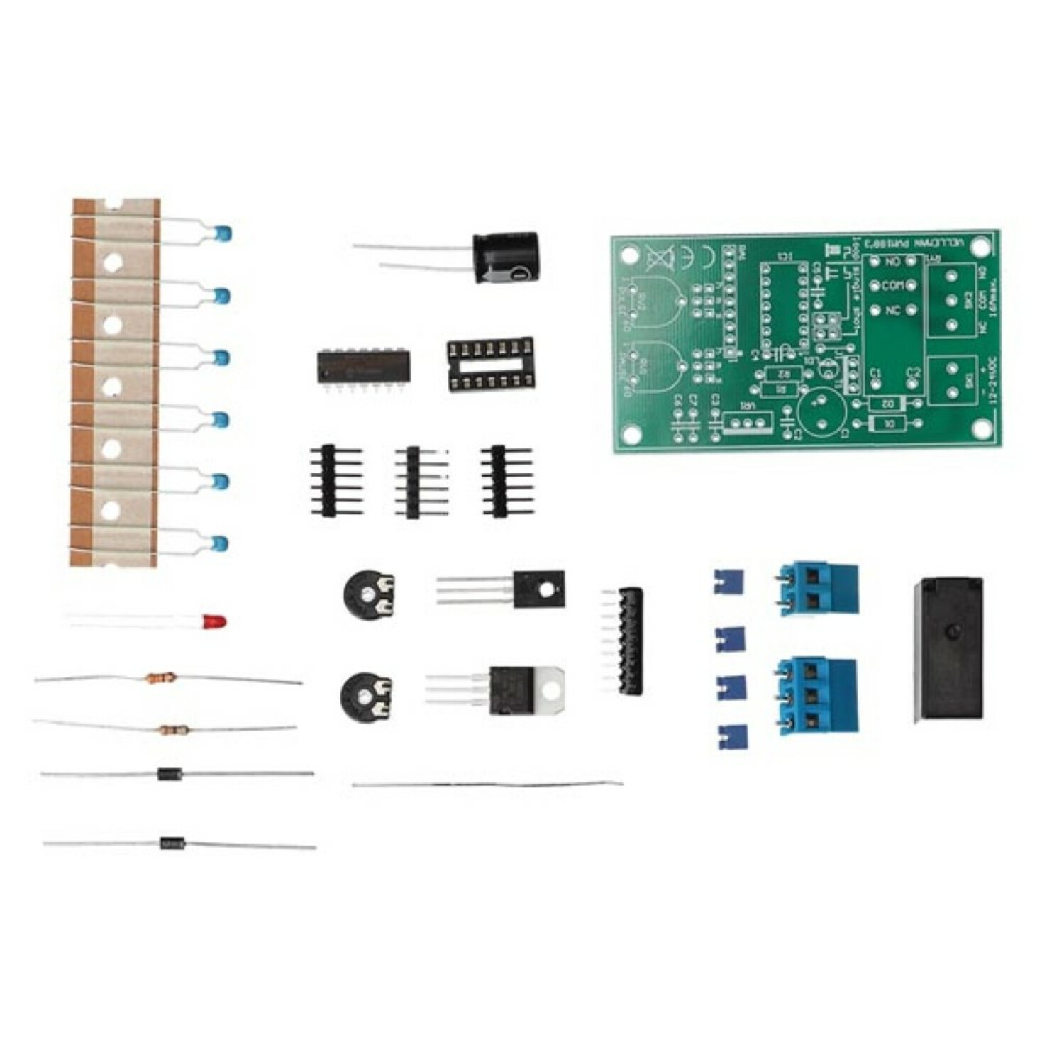 Componenti elettronici: circuito stampato, condensatori, transistor, diodi, resistori, IC.