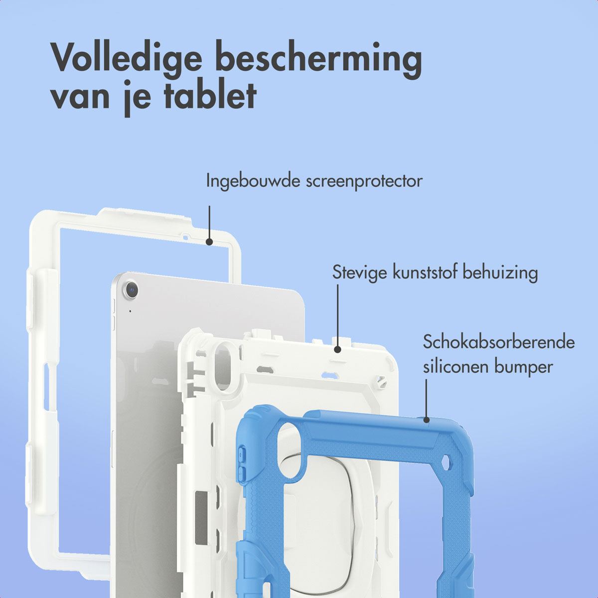 Vista esplosa di una custodia bianca per tablet con paraurti blu e protezione schermo.