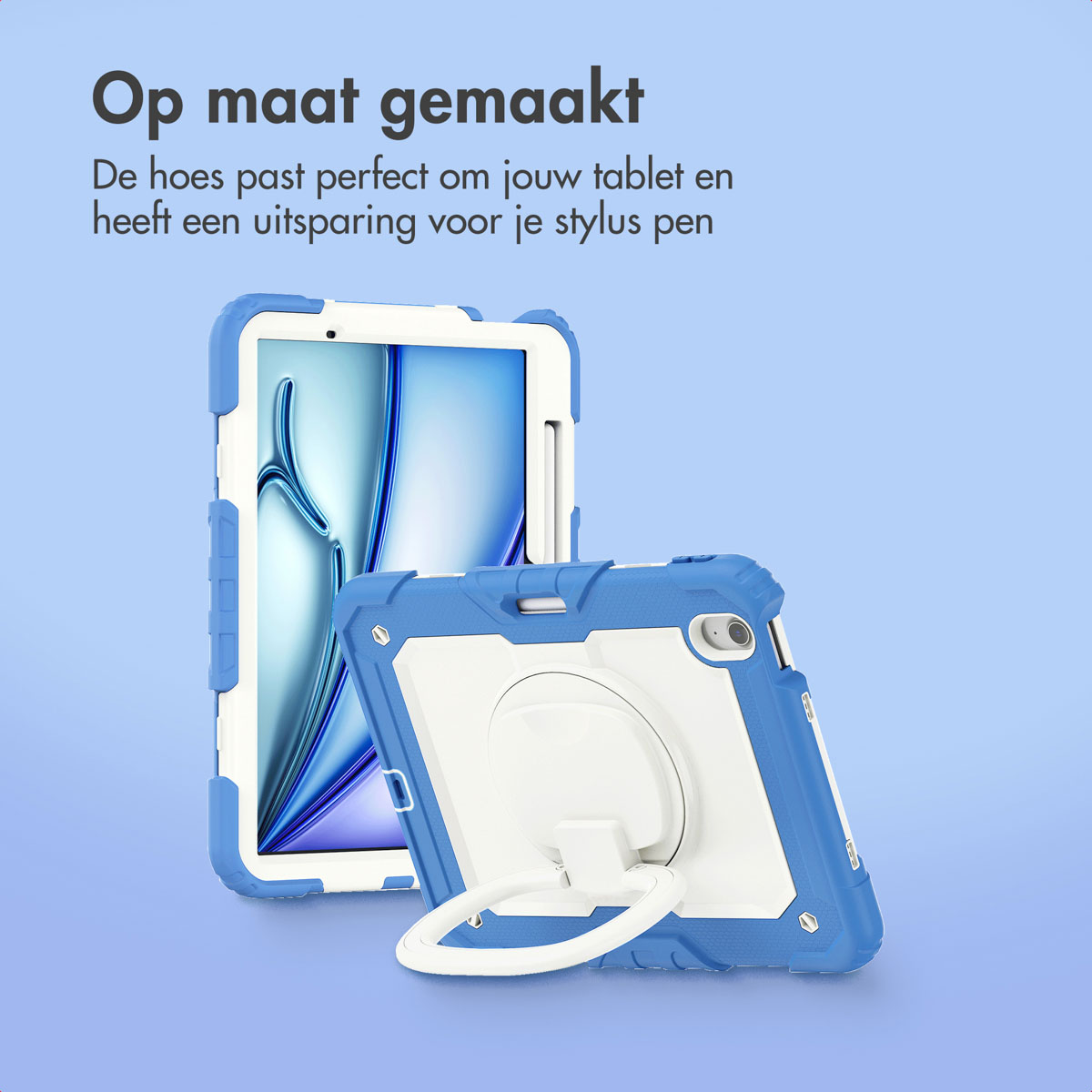 Custodia per tablet blu e bianca con supporto e slot per stilo su sfondo blu.