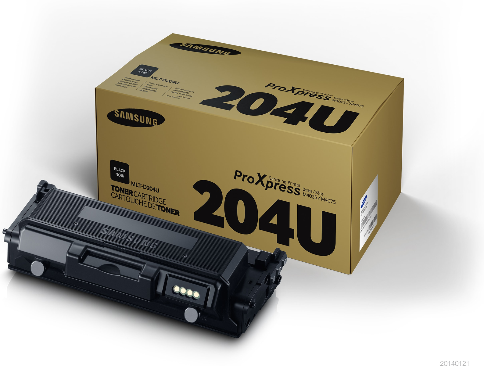 Cartuccia toner Samsung nera MLT-D204U accanto alla sua scatola dorata etichettata ProXpress 204U.