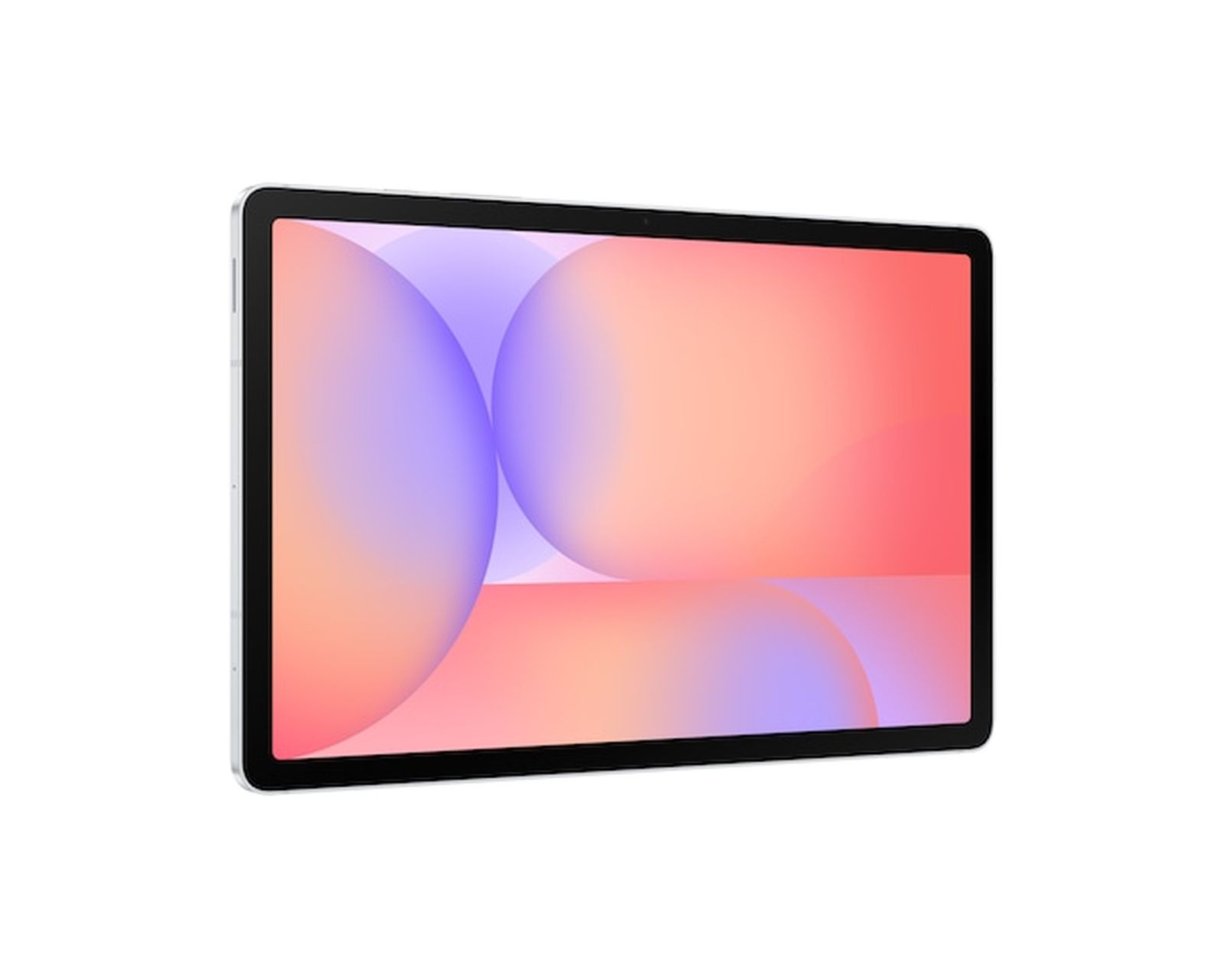 Un tablet argentato mostra uno sfondo astratto colorato con cerchi viola e arancioni.